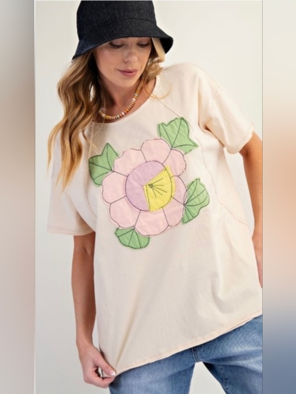 EASEL FLOWER PATCH MINERAL WASHED KNIT TOP Size Small NWT